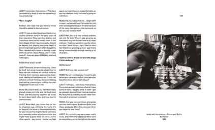 Monochrome editorial spread featuring three girls playing chess with accompanying interview text on the left page.