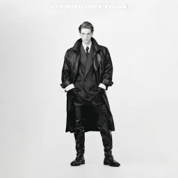 Model Serge Sergeev in a black leather trench coat, grey blazer, and leather boots against a white studio background.