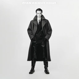 Model wearing an oversized charcoal wool coat, tailored suit, and tall black leather boots against a bright white seamless background.