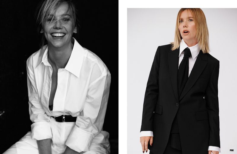 Split-screen portrait: one side shows a smiling woman in an unbuttoned white shirt against a black background; the other shows a woman in a black suit against a white backdrop.