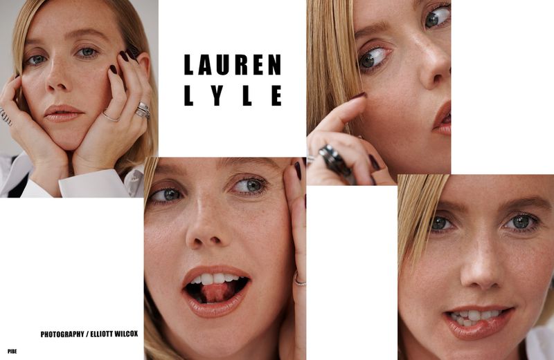 A woman's face is presented in a collage with variations in expression and angle, alongside the text "LAUREN LYLE" and photography credits.