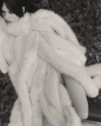 Model Merel Roggeveen reclines in an oversized white fur coat surrounded by dark ivy leaves.