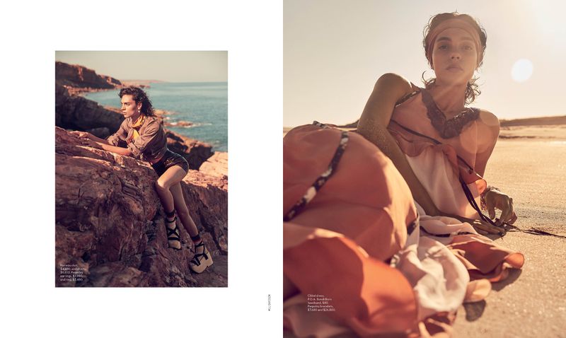 Fashion editorial featuring a woman in a neutral dress lying on a sandy beach, contrasted with a woman climbing rocks by the ocean.