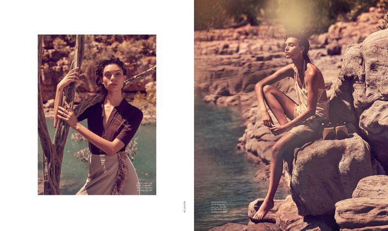 Two fashion images show a woman posing near water and rocks, wearing stylish outfits and makeup in a desert-like setting.