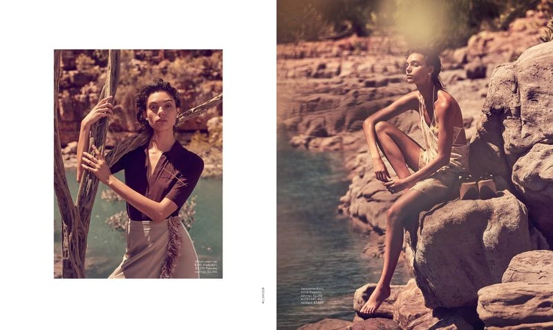 Two fashion images show a woman posing near water and rocks, wearing stylish outfits and makeup in a desert-like setting.