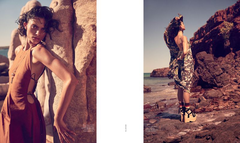 Fashion editorial shot of a woman in a brown dress leaning against a rock formation, and a woman on a rocky beach wearing a patterned dress.