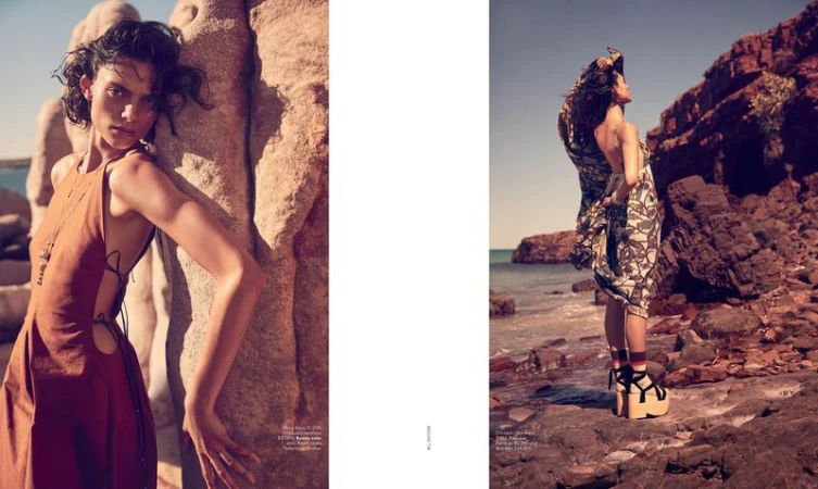Fashion editorial shot of a woman in a brown dress leaning against a rock formation, and a woman on a rocky beach wearing a patterned dress.