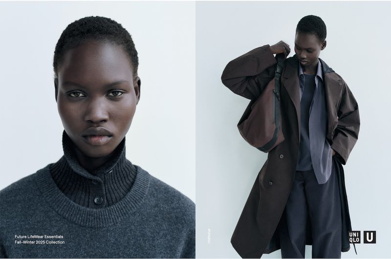 Two side-by-side fashion portraits: A Black woman in a grey sweater and collared shirt; same model in a brown trench coat with a satchel.