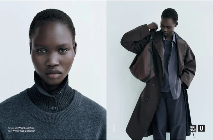 Two side-by-side fashion portraits: A Black woman in a grey sweater and collared shirt; same model in a brown trench coat with a satchel.