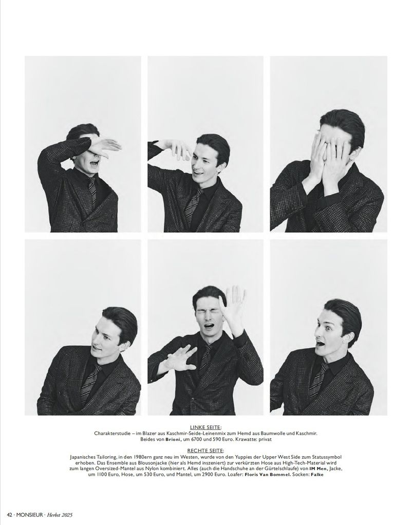 Black and white composite image of a single male model in a suit making different hand gestures against a white background.