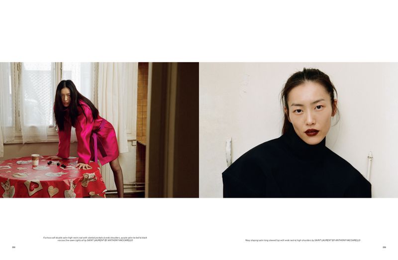 Asian woman in magenta coat poses at table; high-neck top close-up against white wall in a fashion editorial split-screen layout.
