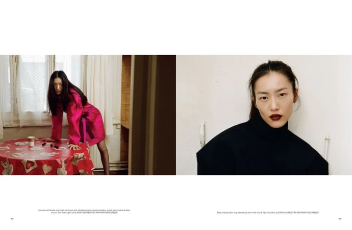 Asian woman in magenta coat poses at table; high-neck top close-up against white wall in a fashion editorial split-screen layout.