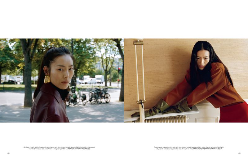 Two-panel fashion editorial featuring an Asian woman in an outdoor urban setting and indoors, showcasing Saint Laurent apparel and jewelry.