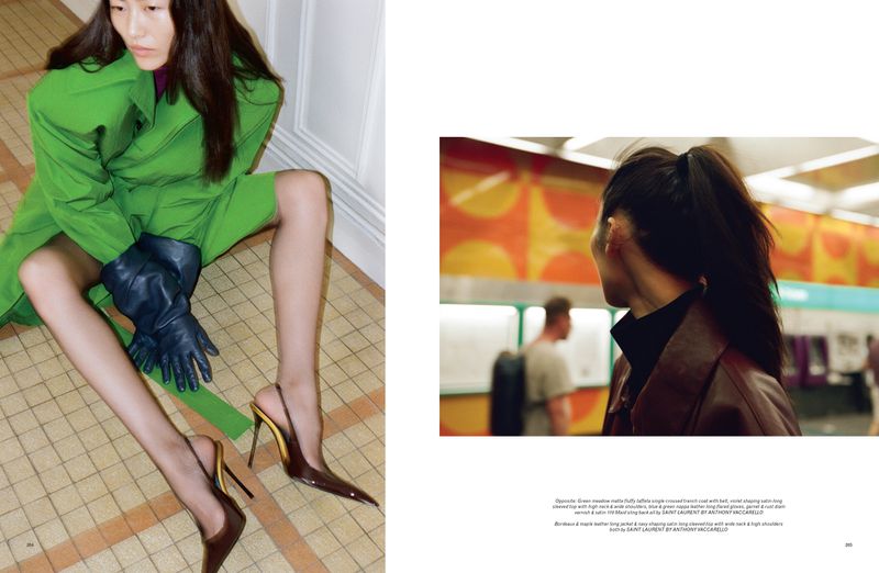 An Asian woman wearing a green coat and black gloves sitting on a tiled floor with brown heels, split view with subway scene.