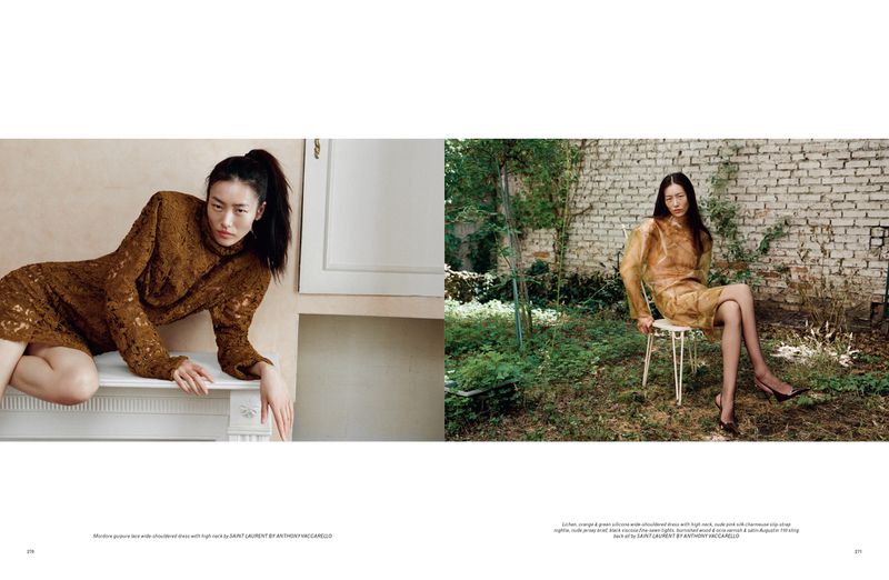 A fashion spread presents a stylish woman in a brown lace dress lounging by a fireplace, contrasted with a shot of her in an outdoor setting.