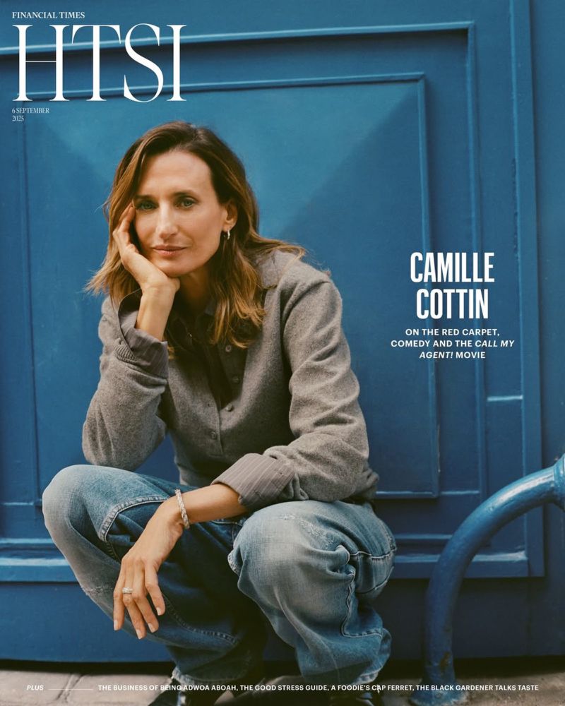 Magazine cover featuring Camille Cottin squatting in front of blue doors wearing jeans and a collared shirt with the Financial Times logo.