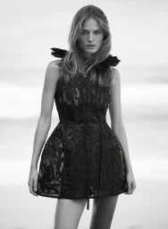 Model standing outdoors wearing a black patterned mini dress with ruffled shoulders for Elle Australia.