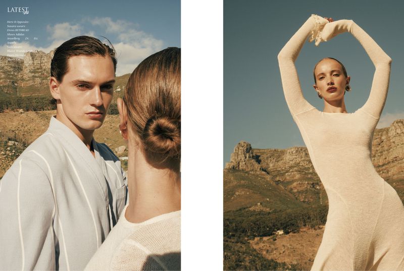 Fashion editorial featuring a couple outdoors near mountains. A woman in a white dress poses against a clear blue sky.