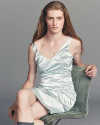 Model with long brown hair seated on a green chair wearing a pale blue satin slip dress against a grey studio backdrop.