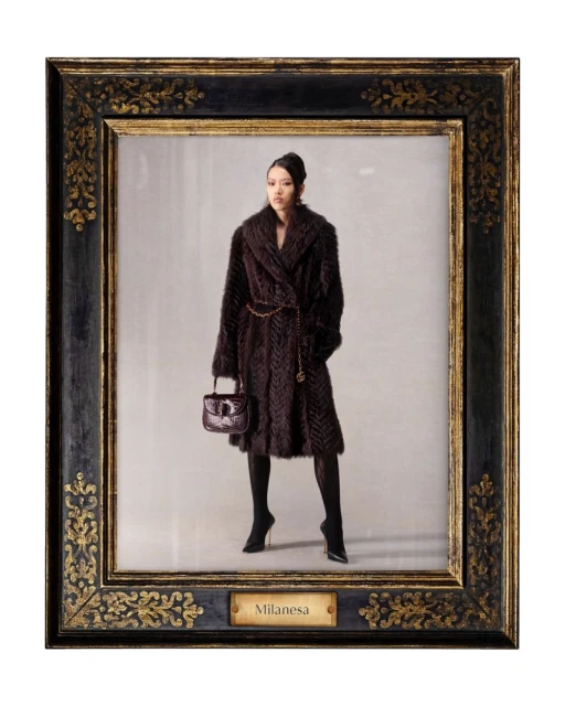 Framed portrait of a woman wearing a fur coat, tights, and heels, holding a purse, against a neutral studio backdrop, with gold detailing.