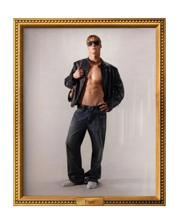 Muscular man in jeans and a leather jacket strikes a confident pose in a studio portrait against a neutral backdrop, framed in gold.