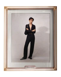 An East Asian male model in an all-black outfit standing with arms crossed inside an ornate framed portrait with a Pesantone label.