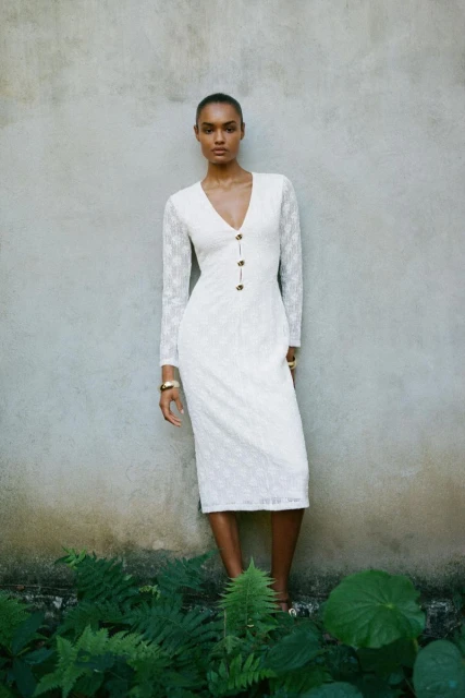 Elegant adult female model in long-sleeve buttoned dress posing in front of a concrete wall with green foliage at the bottom.