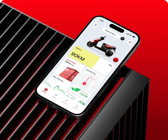 Smartphone displays a scooter app showing battery range, swap station locations, and CO2 impact data against a background of black and red.