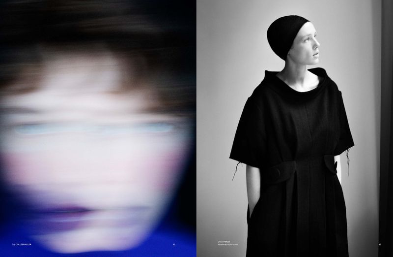Monochrome fashion spread featuring a woman in a black dress and a blurred portrait with a blue background, showcasing a minimalist aesthetic.