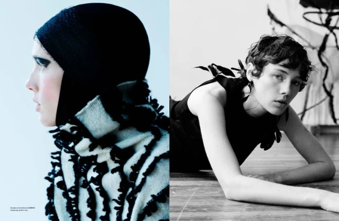 Fashion editorial featuring two women in contrasting monochrome styles, one in a textured jacket and head covering, the other in a black dress.