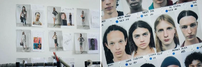 Wall with model casting photos and headshots including text such as: 'ASTHA', 'AMIRAIT', 'AMCK MANI', 'NEXT JOE', and 'STORM FILIP'.