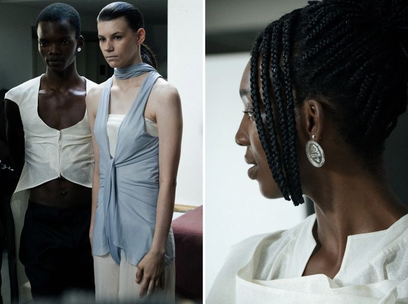 Fashion shot of two women in sleeveless top and another profile shot of a woman with braids in a light neutral indoor setting.