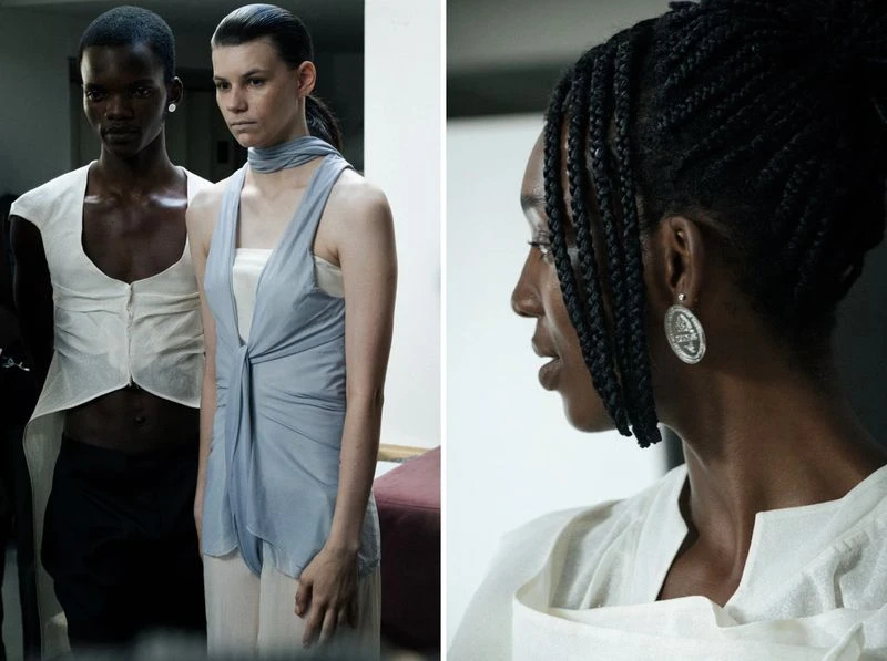 Fashion shot of two women in sleeveless top and another profile shot of a woman with braids in a light neutral indoor setting.