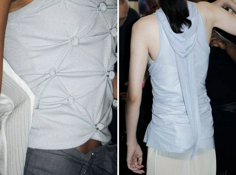 Two different views of a light grey, sleeveless top with button details and ruching, showing fabric texture and design in a studio setting.