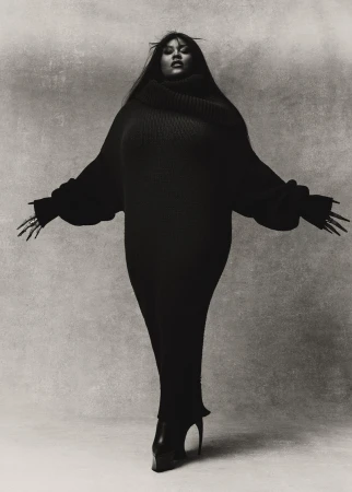 A Black female fashion model poses in a dark turtleneck sweater dress with long sleeves against a neutral backdrop in a studio shot.