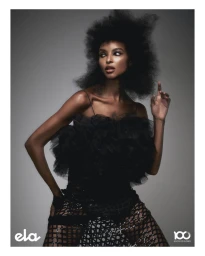 Fashion editorial portrait of a Black woman with voluminous textured hair wearing a black ruffled tulle top against a grey backdrop.