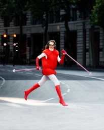 Model Angelina Kendall in a red puffy tunic and red boots running across a city street holding ski poles for American Vogue