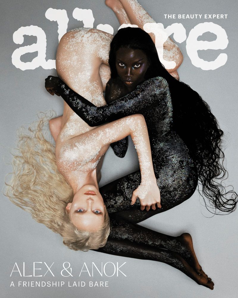 Allure magazine cover featuring two models embracing, one with fair skin and blonde hair, the other with dark skin and black hair.