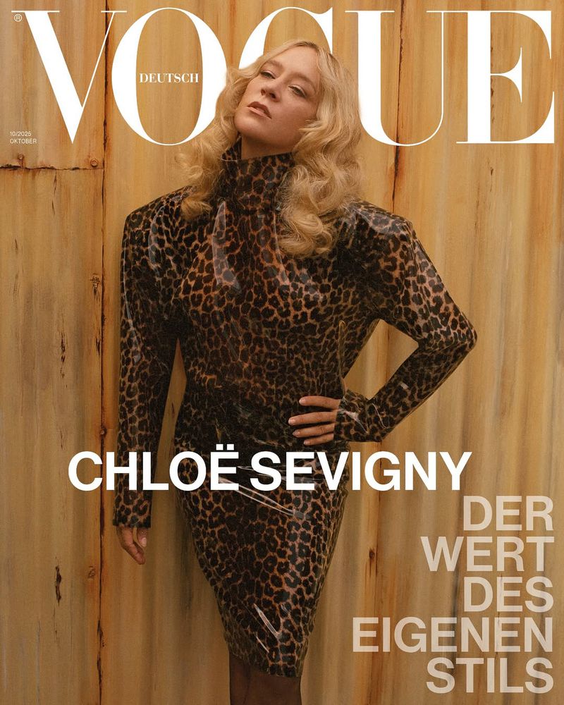 Vogue Deutsch cover featuring Chloë Sevigny in a leopard-print dress against a neutral background. Fashion editorial, portrait photography.