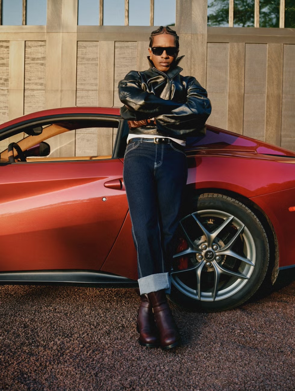 A man in a leather jacket poses with a red Ferrari, showcasing automotive style and fashion against a light-toned architectural backdrop.