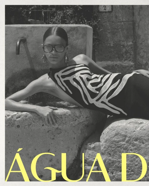 A woman with sunglasses and zebra-striped top reclines next to a stone fountain in a fashion-style black and white photograph with yellow text.