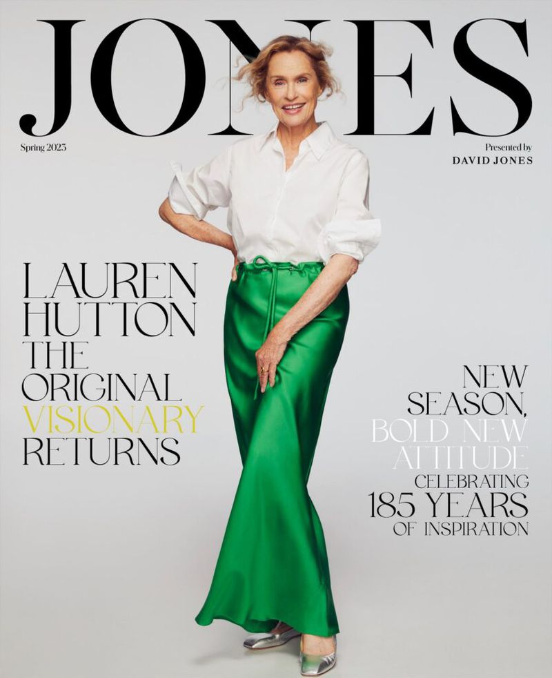 Magazine cover featuring Lauren Hutton in a white shirt and green skirt, promoting David Jones and celebrating 185 years of inspiration.