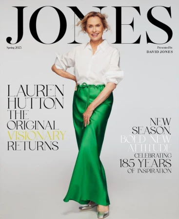 Magazine cover featuring Lauren Hutton in a white shirt and green skirt, promoting David Jones and celebrating 185 years of inspiration.
