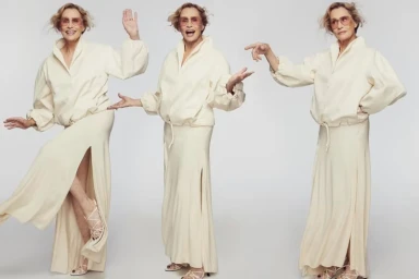Lauren Hutton wearing cream outfit and tinted glasses in three poses against seamless white background for David Jones.