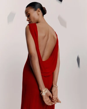 Zoe Saldana wearing a backless red dress and gold jewellery against a light seamless studio background