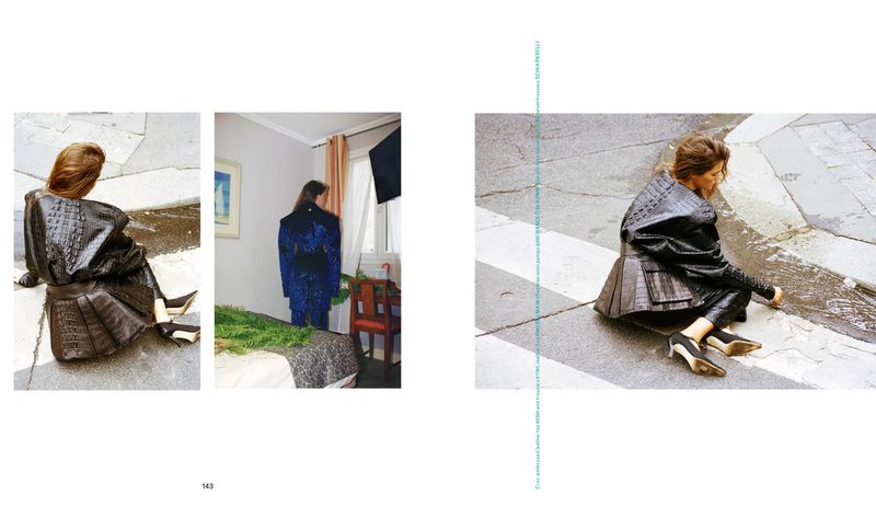 Fashion editorial with a woman in an crocodile-embossed leather outfit sitting on a city street, juxtaposed with an indoor scene.