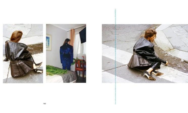 Fashion editorial with a woman in an crocodile-embossed leather outfit sitting on a city street, juxtaposed with an indoor scene.