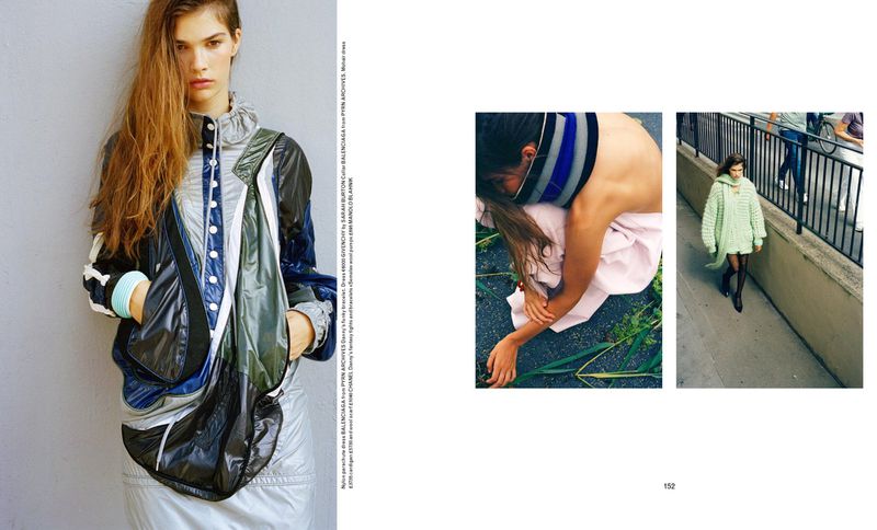 Editorial fashion shot: A young adult woman poses in a multi-colored nylon jacket, with additional lifestyle and portrait images.
