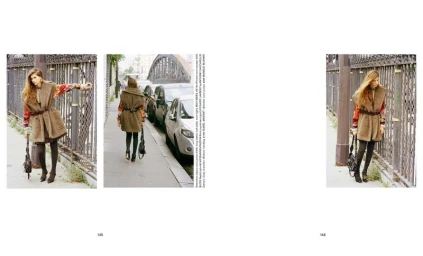 Editorial spread featuring a model in a brown shearling vest and patterned top walking along a city street beside parked cars.
