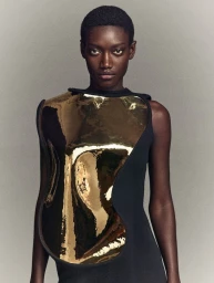 Black female model with short hair wearing a black sleeveless dress featuring a sculptural polished gold metallic breastplate.